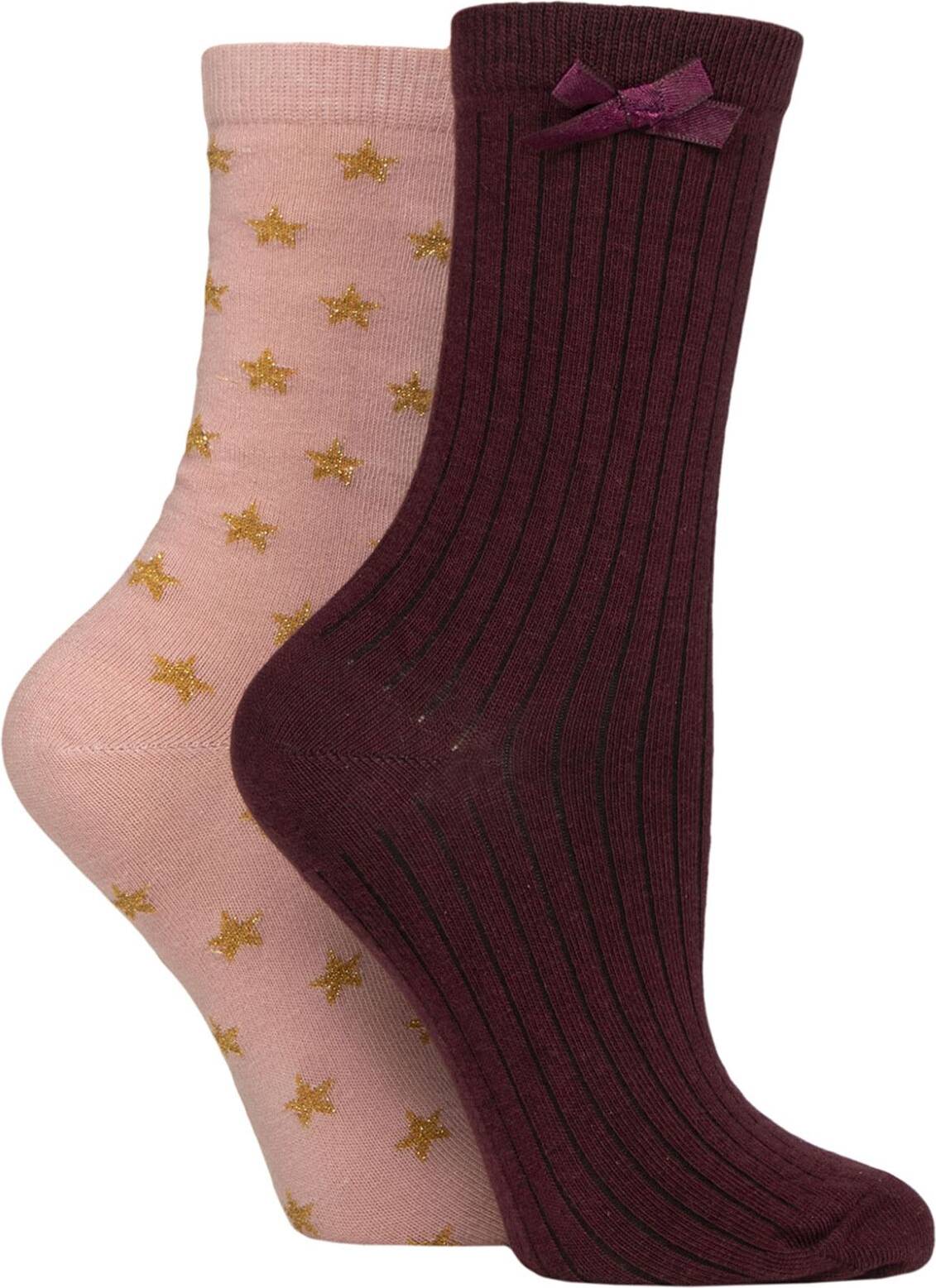 All Over Star Rib Bow Socks - Pink