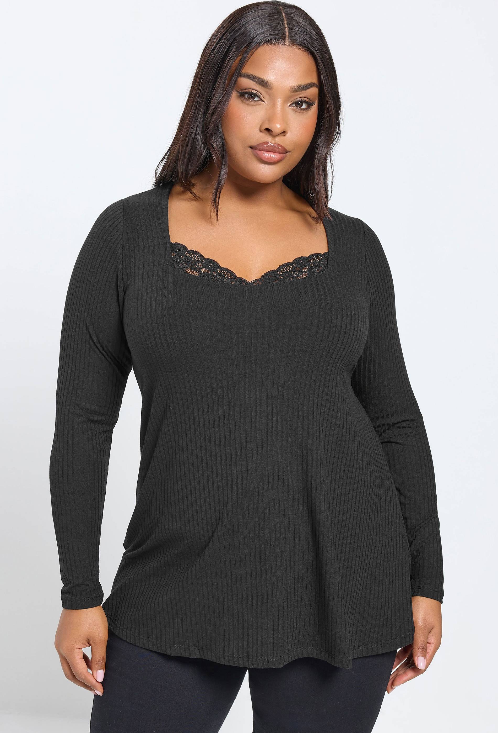Yours Lace Insert Ribbed Top - Black