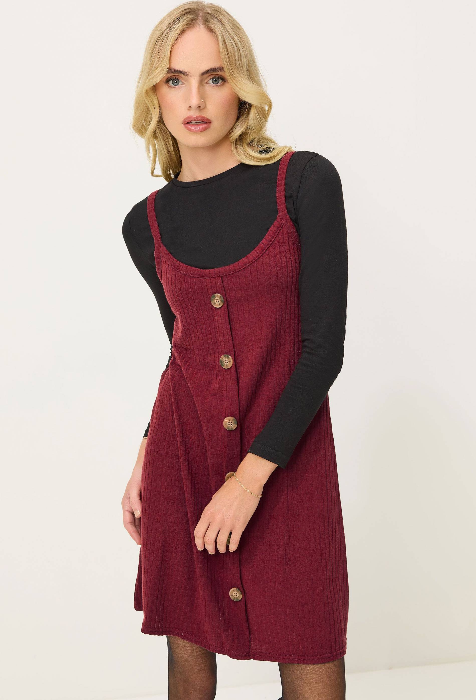 PixieGirl Petite Ribbed Button Mini Dress - Red