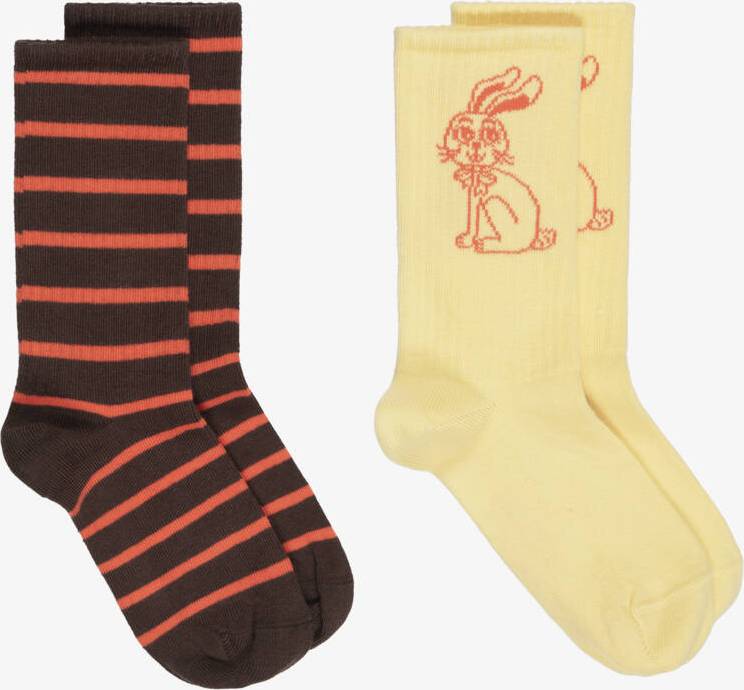 Mini Rodini Yellow Brown Socks With Stripes Rabbits - Brown/Yellow