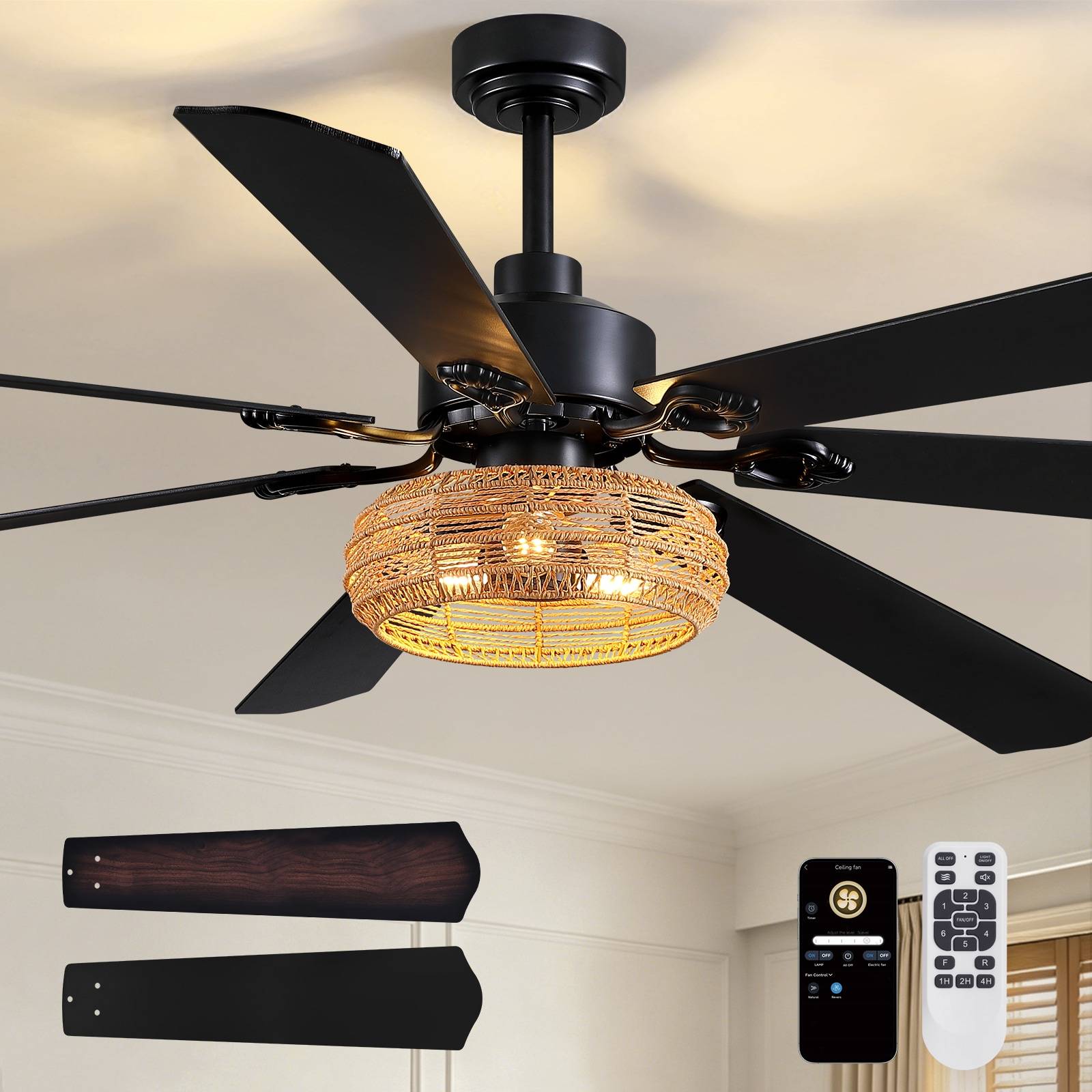 Rattan ceiling fan 72 Inch Boho Black Rattan Ceiling Fans