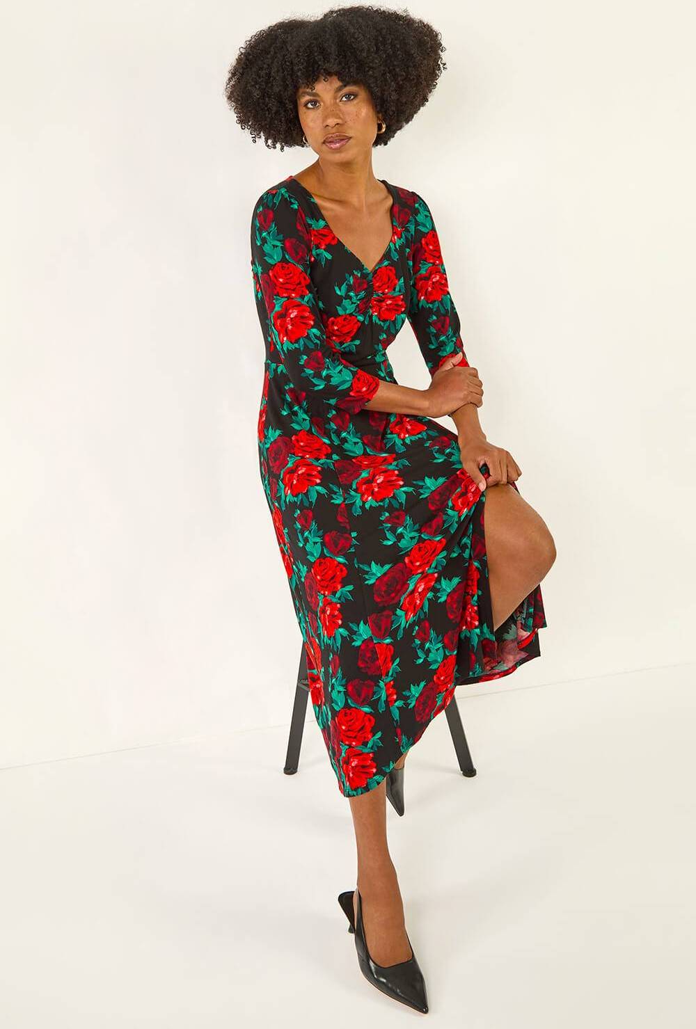 Roman Rose Ruched Midi Dress - Multicolor