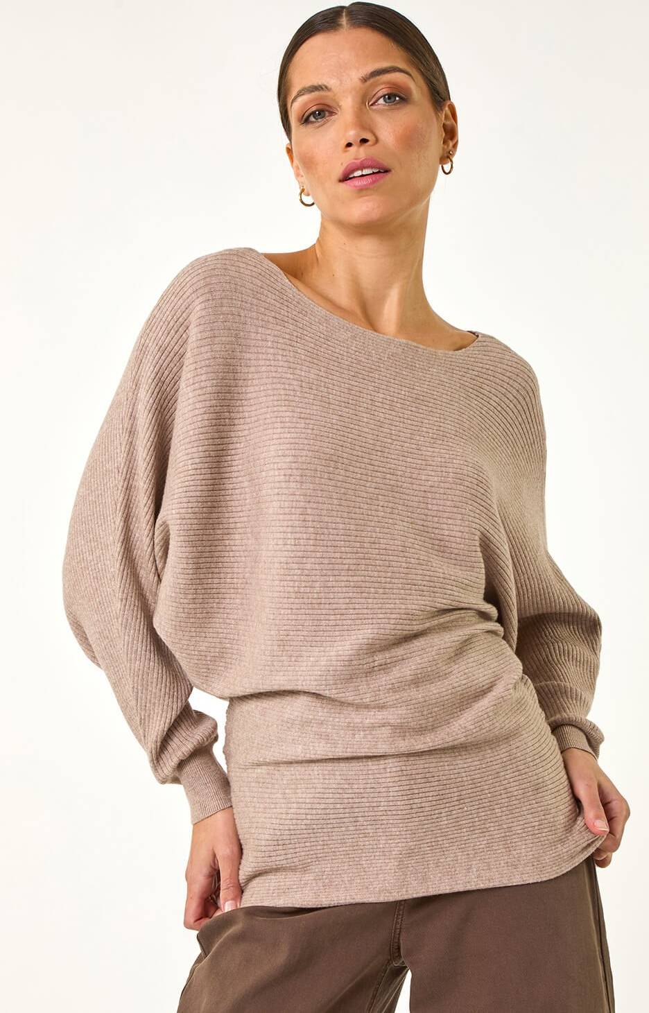 Roman Ribbed Batwing Knit Jumper Beige