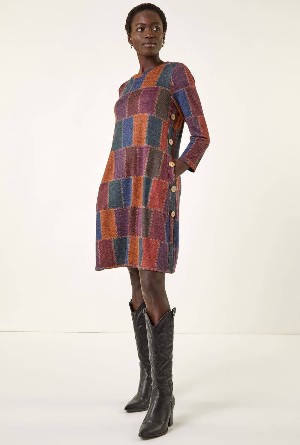 Roman Patchwork Button Swing Dress - Red