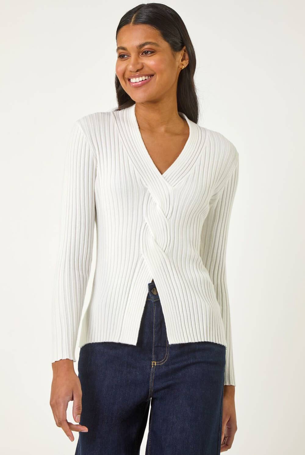 Roman Cable Split Detail Rib Jumper Ivory