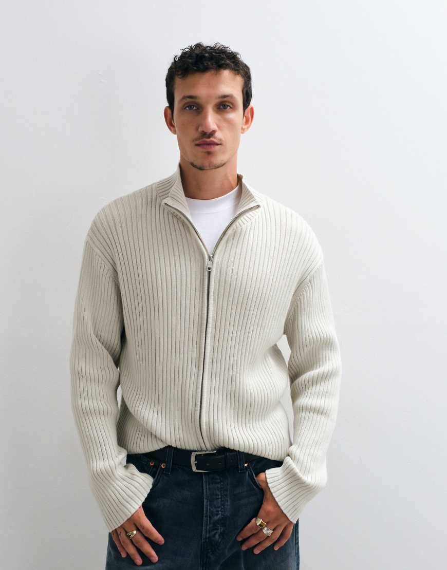 Weekday Zip-Up Rib-Knit Cardigan - White