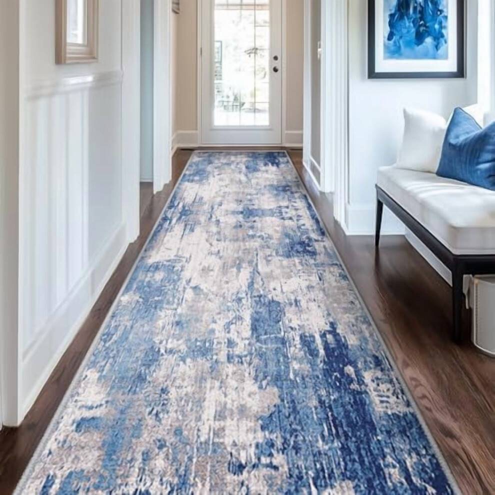 Washable Area Rug 2' x 10' Non Slip Abstract Soft Blue