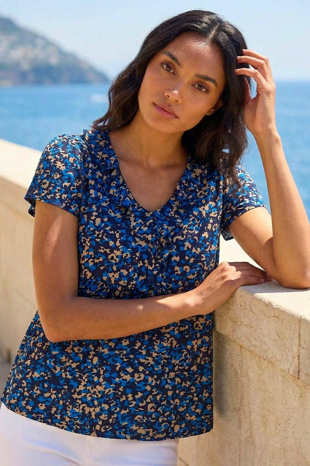 Roman Printed Ruffle V-Neck Stretch Top - Navy