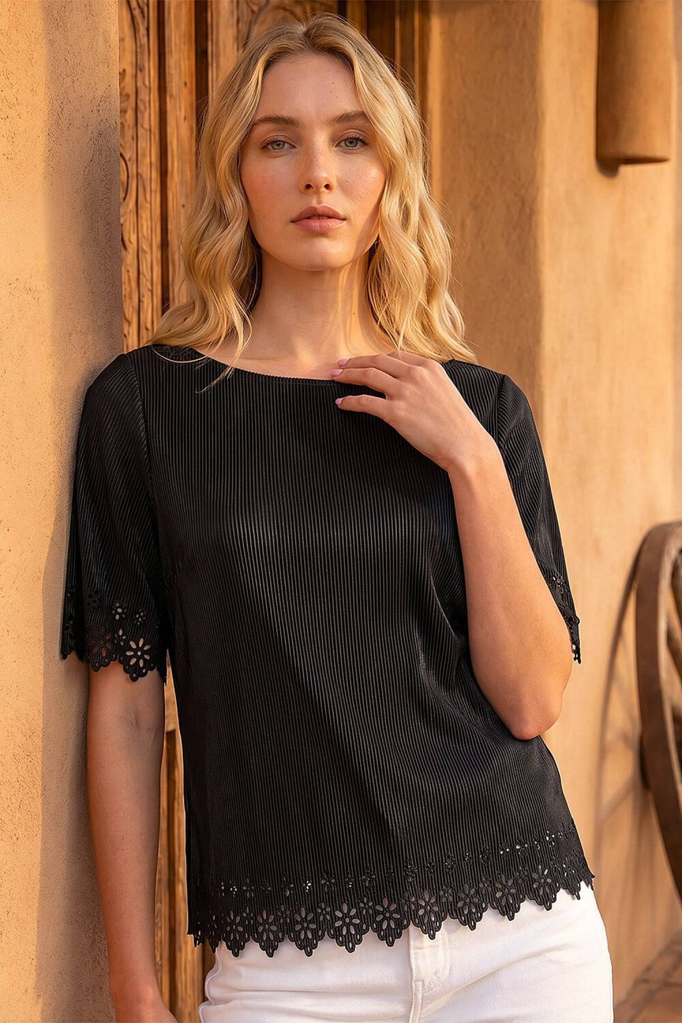 Roman Cut Out Hem Ribbed Top - Black