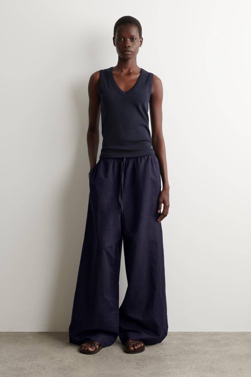 Wide-Leg Linen Drawstring Trousers - Blue