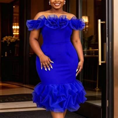 Plus Size Off Shoulder Ruffle Mermaid Dress - Navy Blue