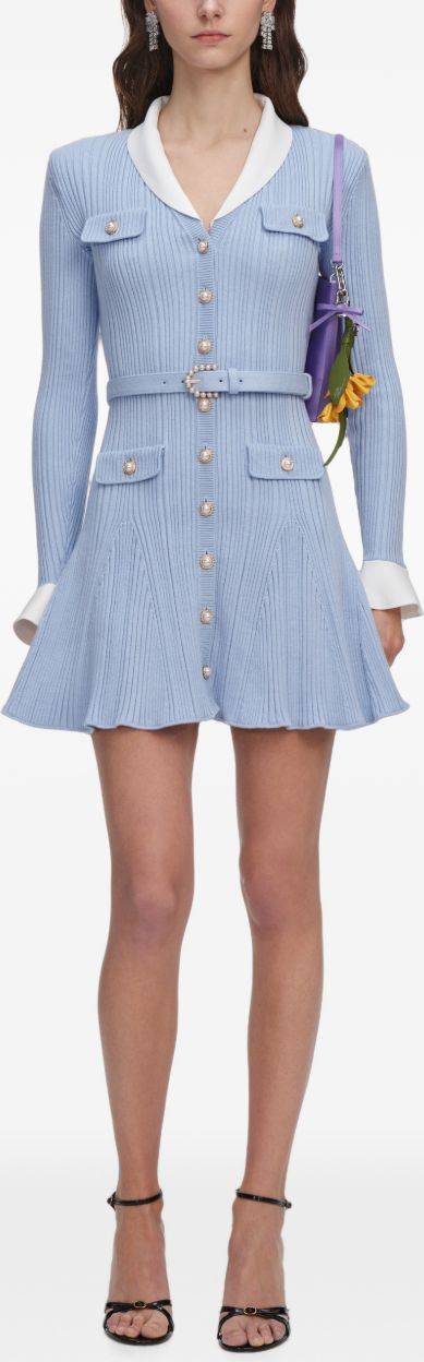 Self-Portrait Blue Ribbed Knit Mini Dress - Polyamide Viscose Wool