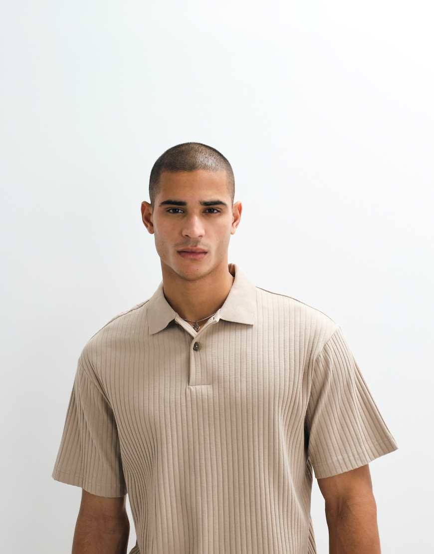 Selected Co-Ord Ribbed Polo - Beige/Neutral
