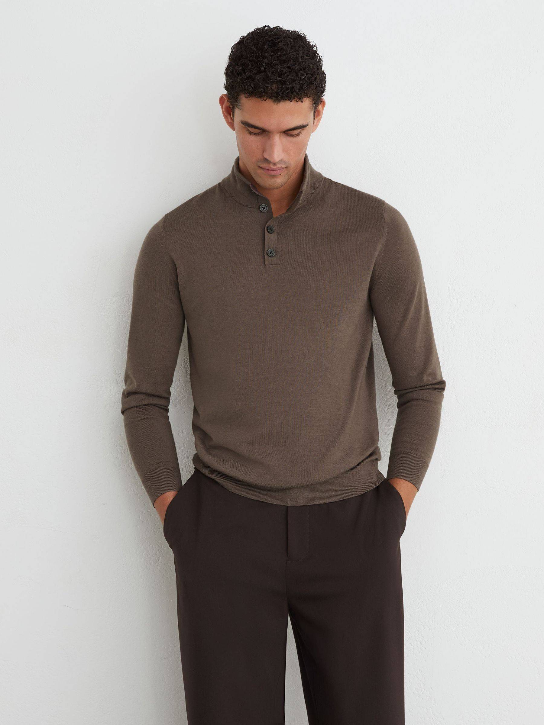 Reiss Ridge Brown Farnham Merino Wool Half-Button Funnel Jumper