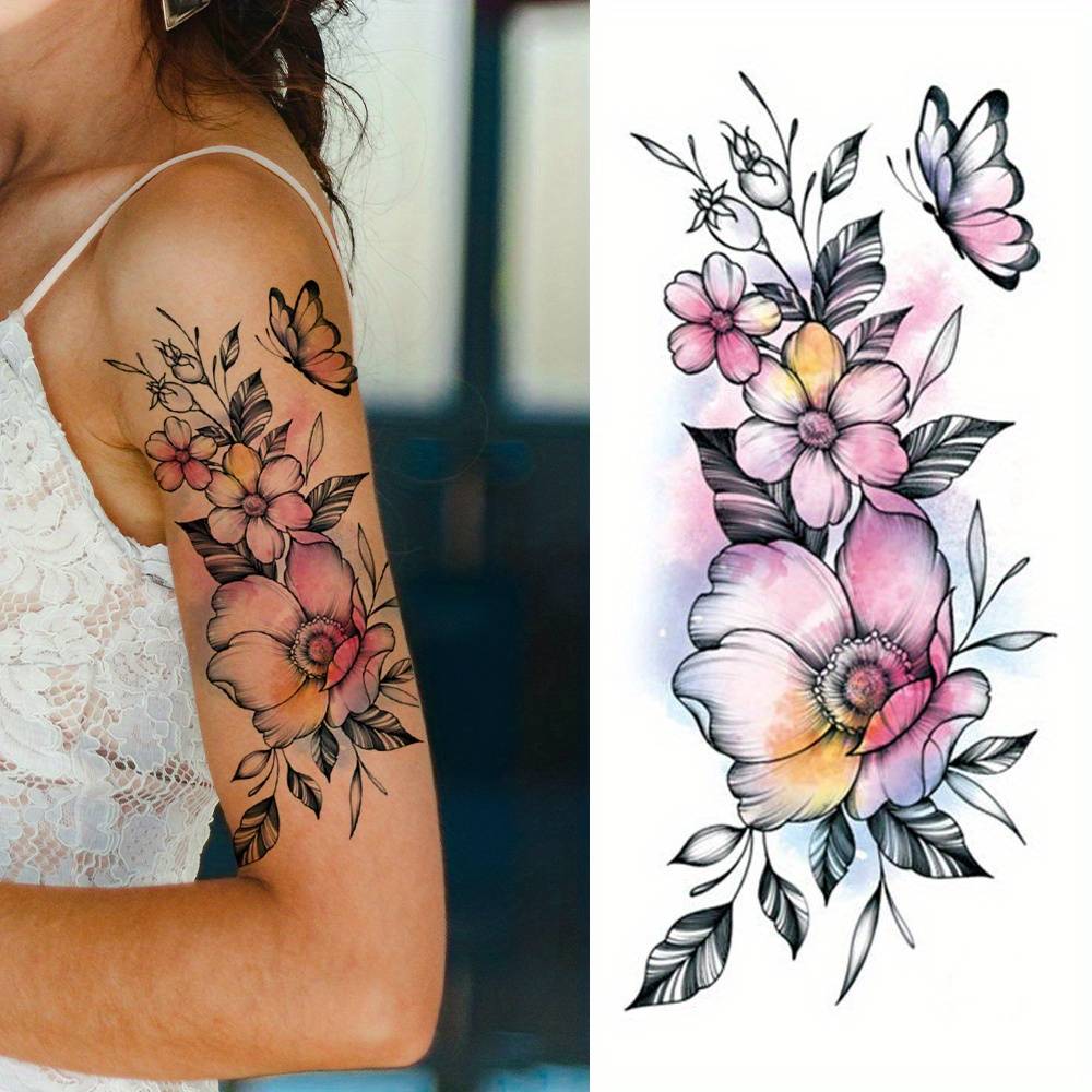 Temporary Tattoo Sticker with Floral Design, Waterproof - Multicolour