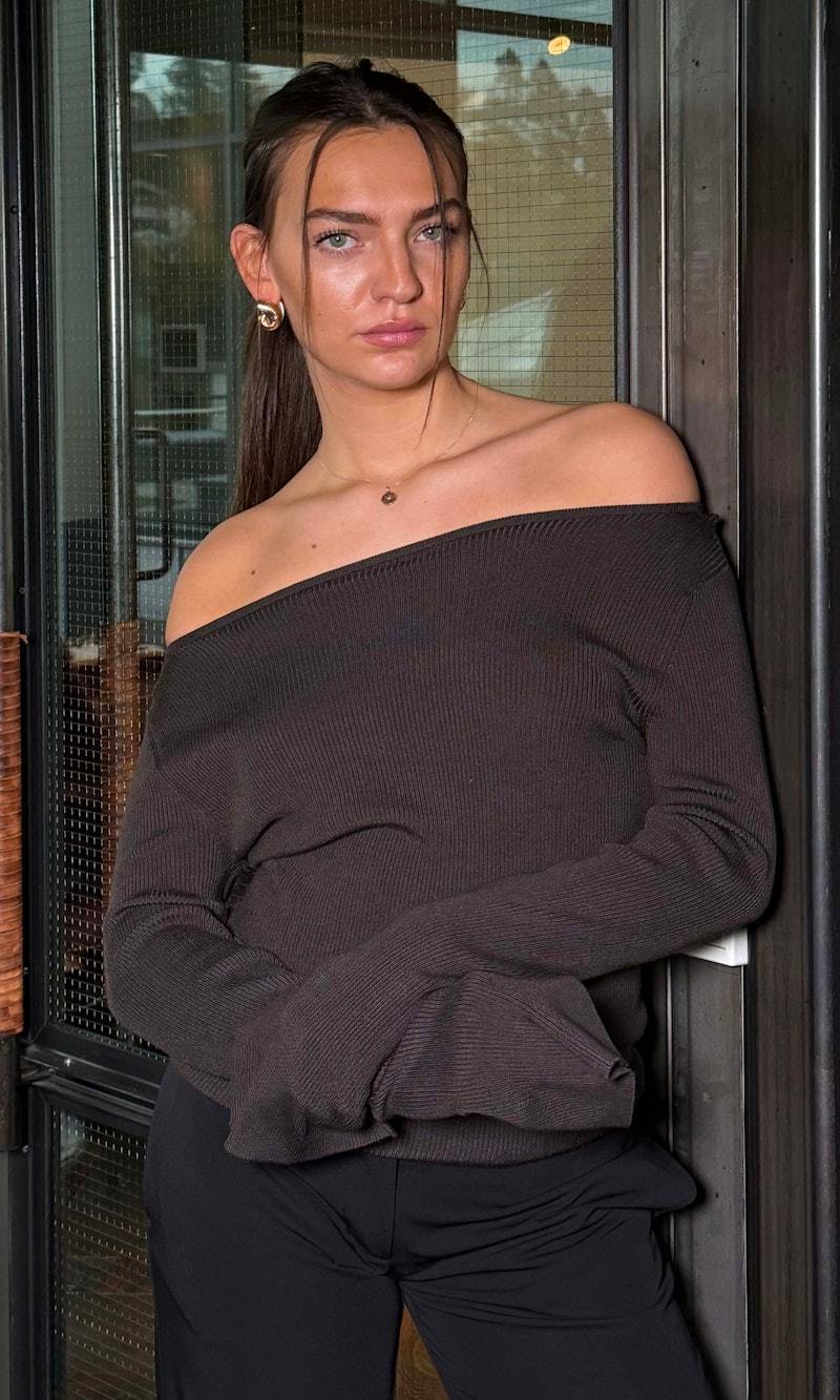 Junkyard Ribbad Boatneck Topp - Brun