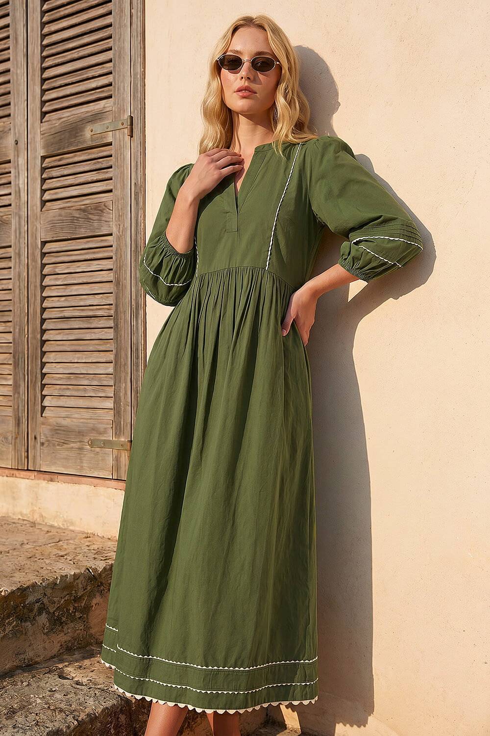 Roman Ric Rac Collared Midi Dress - Green