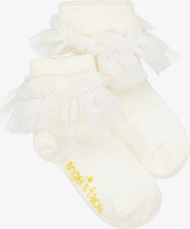 Girls Tulle Ruffle Socks - Ivory/White