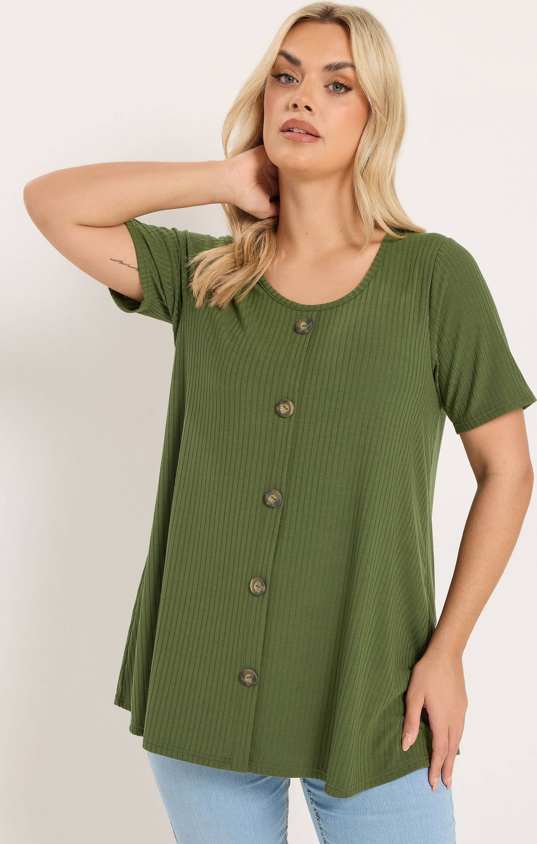 Yours Button Front Ribbed Swing Top - Dark Green