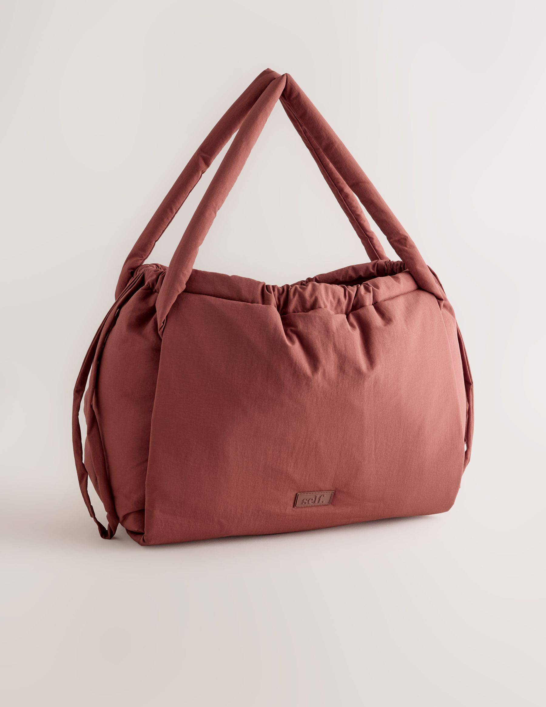Self Nylon Ruched Charm Pouch Bag - Rust Brown