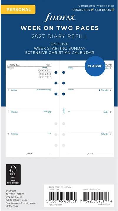 Filofax refill Filofax Week-To-View Sunday Start 2027 Diary Refill