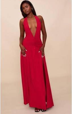 PrettyLittleThing Double Layer Slinky Ruched Maxi - Red