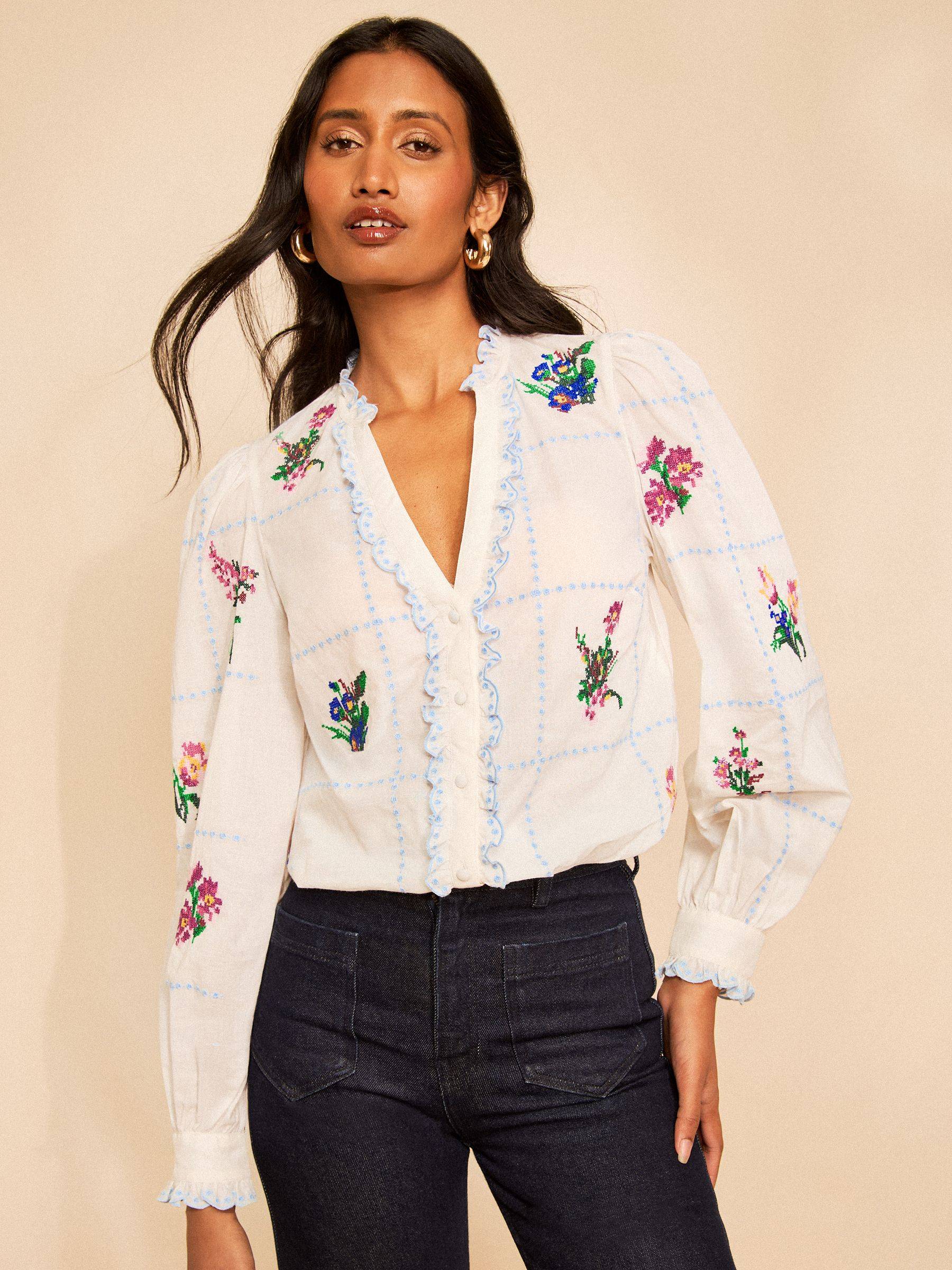 Love & Roses X RHS Ivory Floral Embroidered Notch Neck Blouse