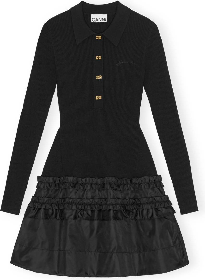 Ganni Mini Dress Rib Knit Ruffle - Black