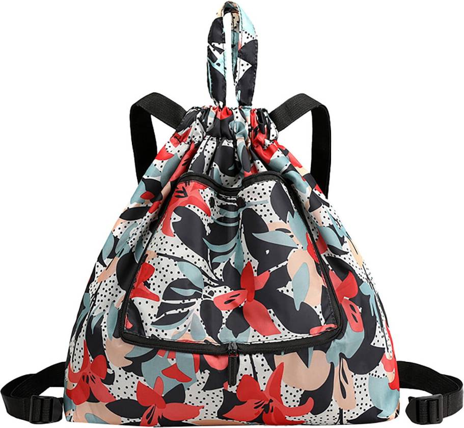 Waterproof Nylon Drawstring Backpack - Multicolour Floral Print