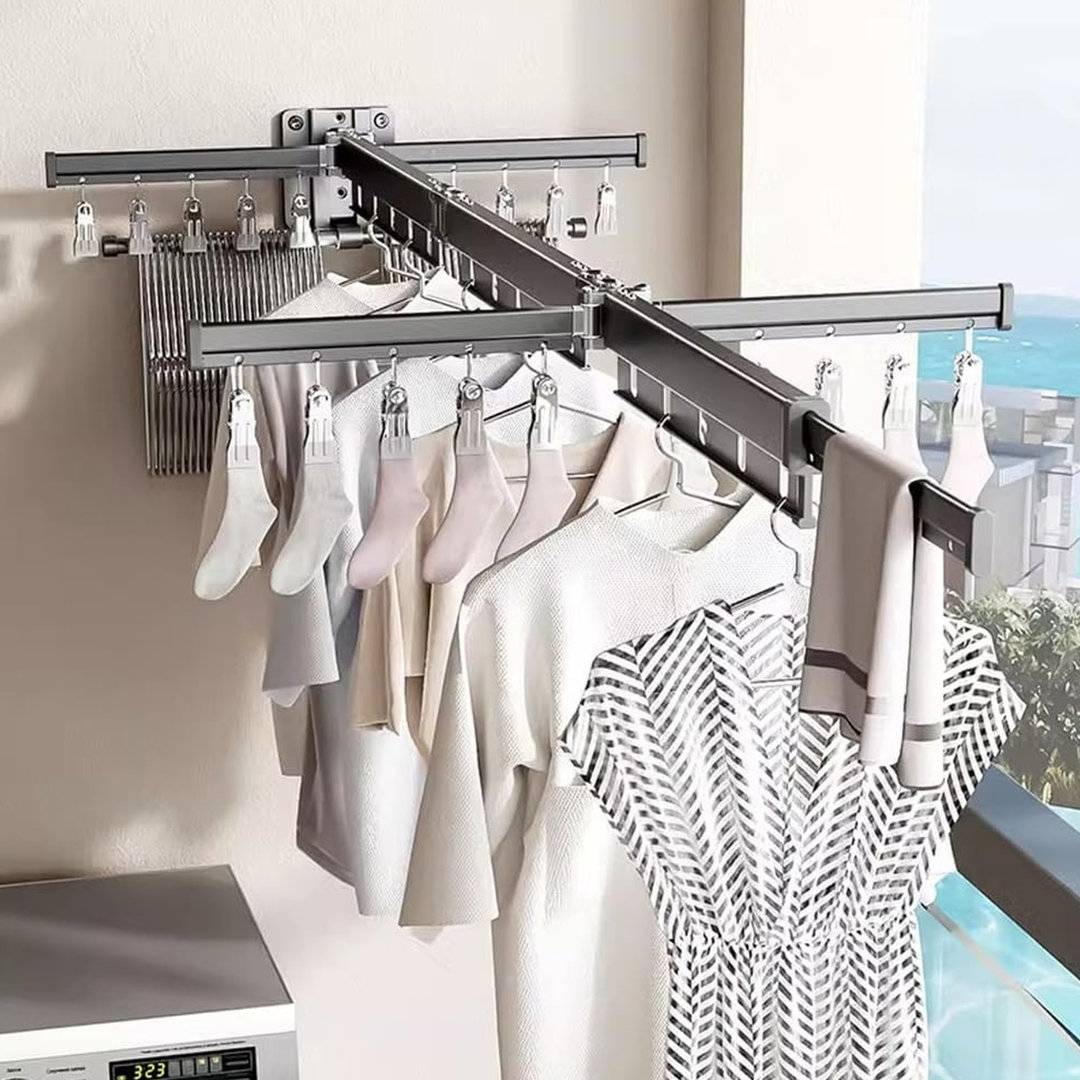 Wall mounted clothes drying rack Rebrilliant Drying Rack Wall Mounted Retractable with Hooks