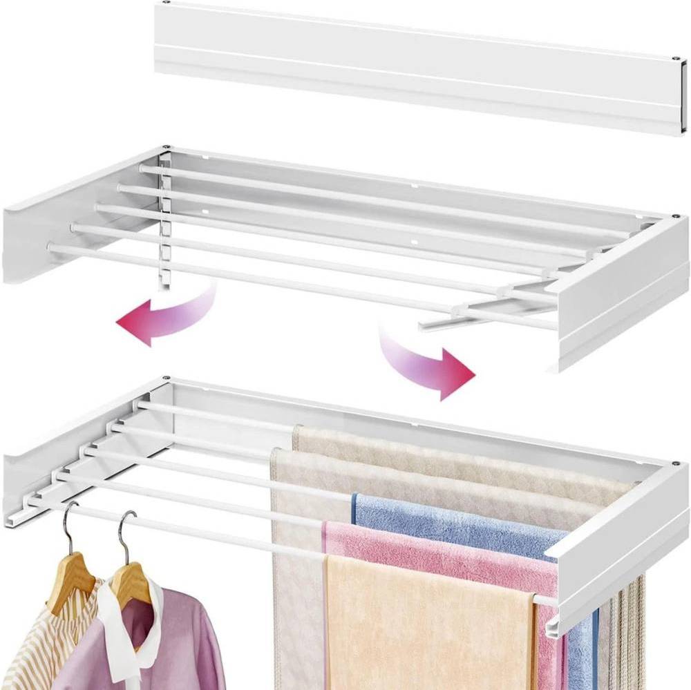 Retractable washing line Atek Laundry Drying Rack Wall Mounted Retractable Washing Line Clothes - White