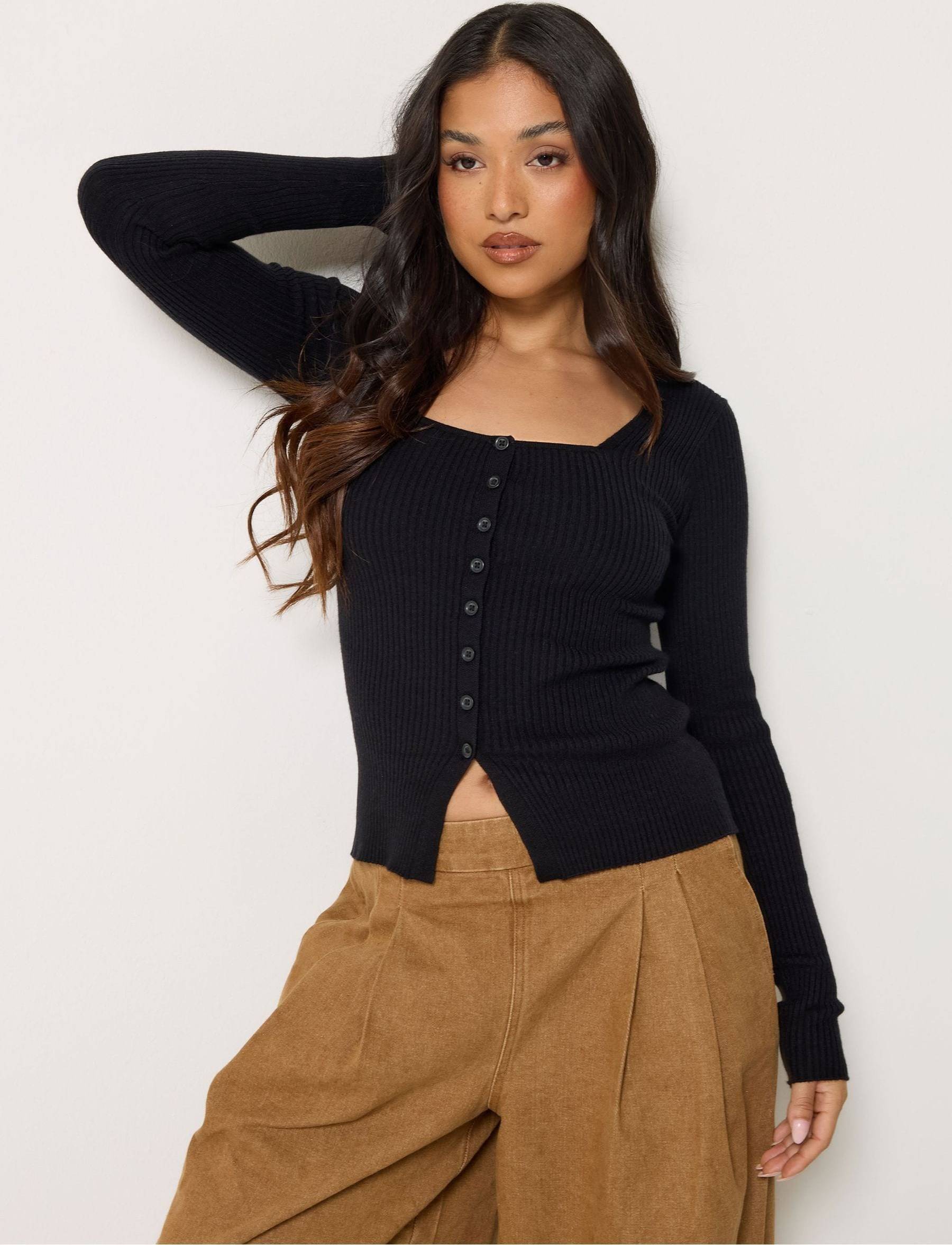 Petite Ribbed Button Scoop Jumper