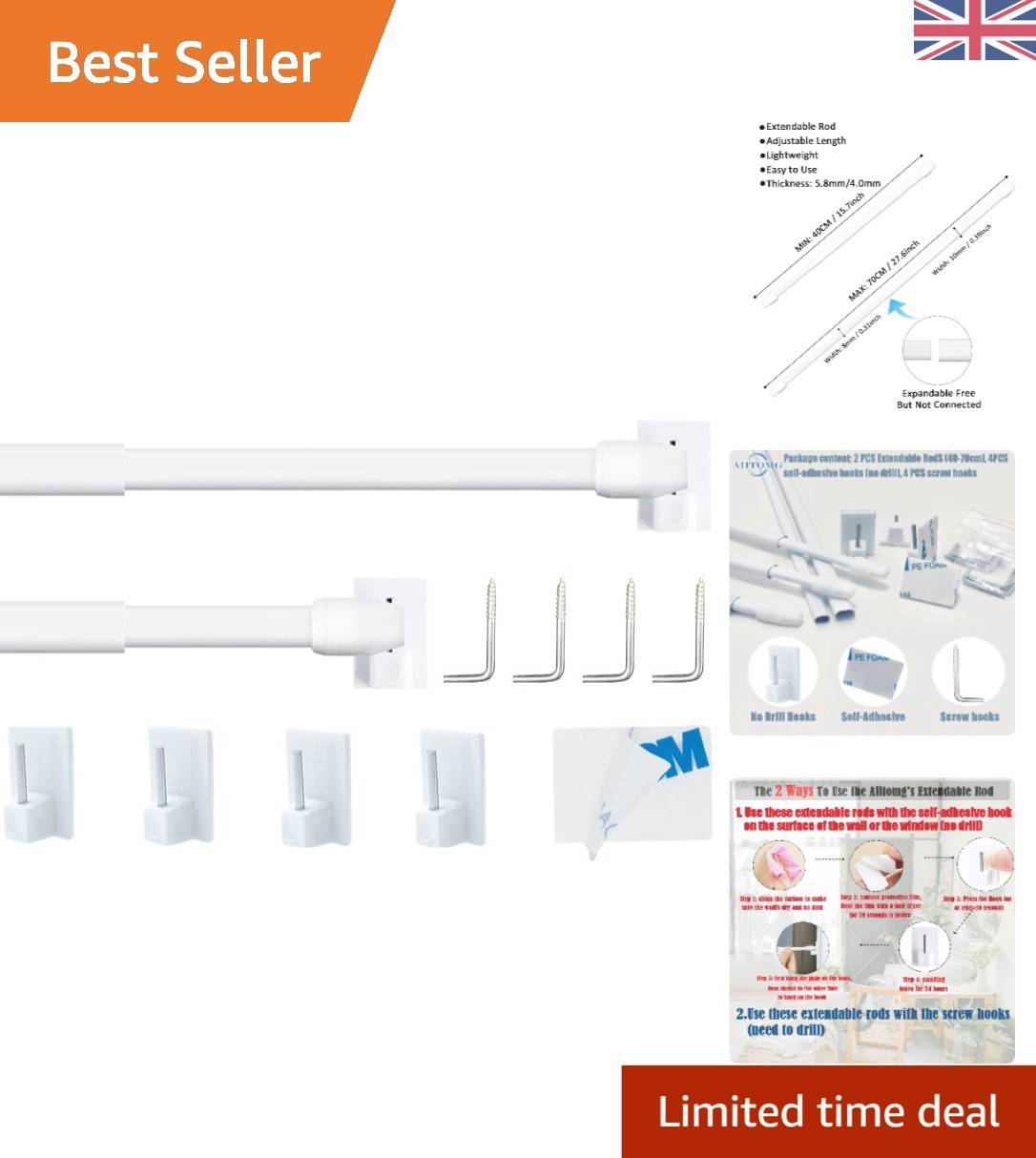 No drill extendable curtain pole 2pcs Extendable Curtain Rods 40-70 cm White