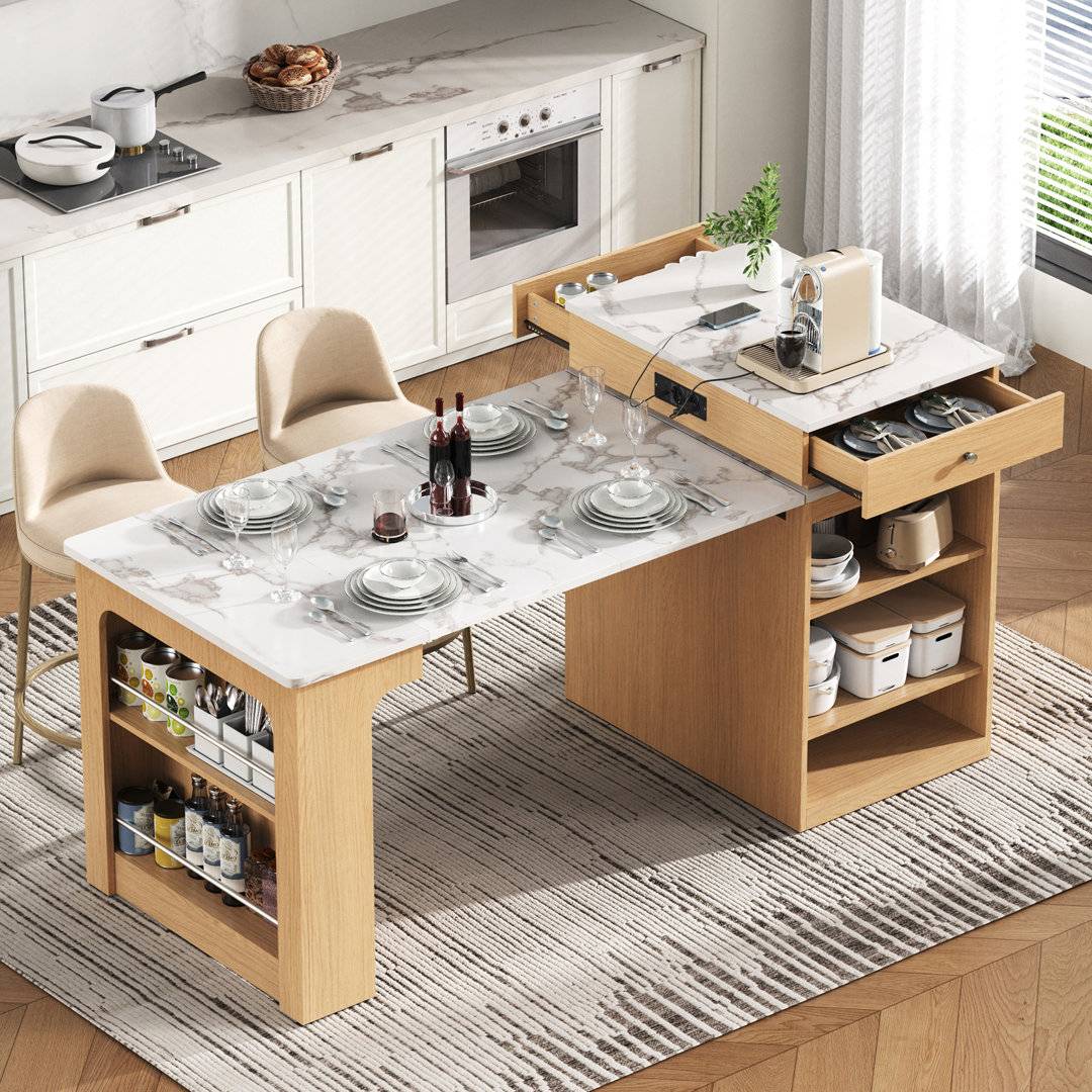 Lark Manor Mobile Kitchen Island Extendable Removable Dining Table - Natural