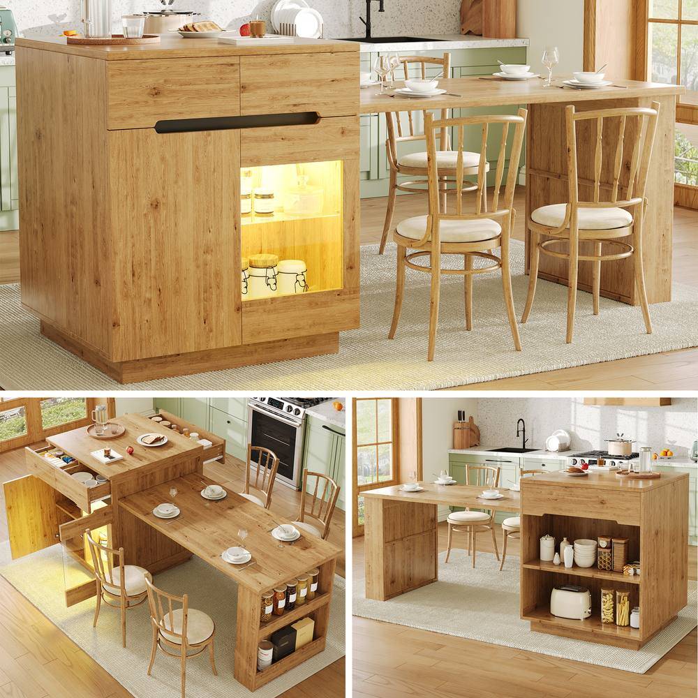 Oak Effect Kitchen Island with Extendable Table LED Lighting - Brown