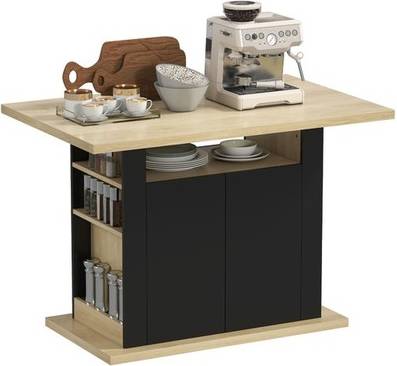 Homcom Kitchen Island With Storage Cabinet Spice Rack - Black/Natural