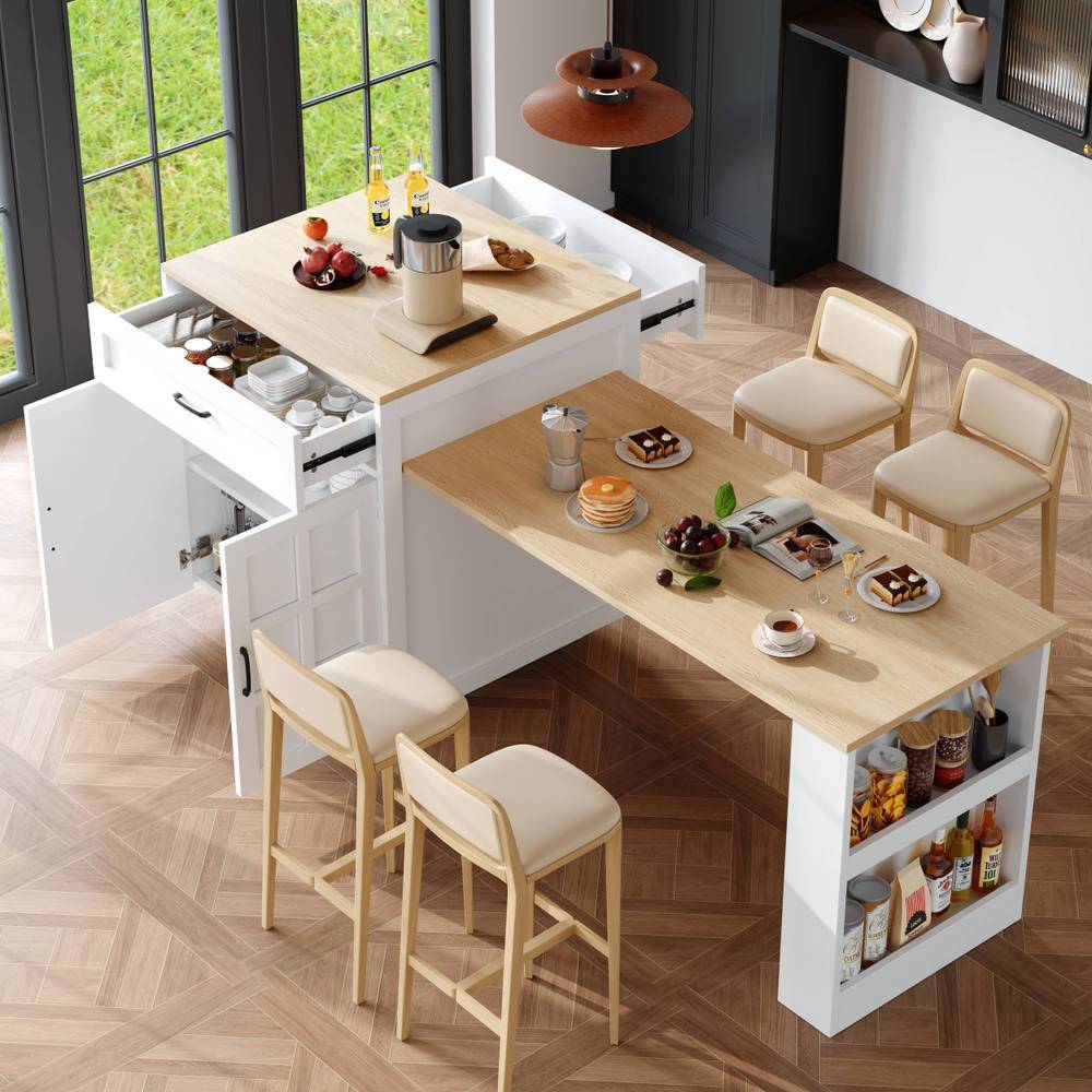 Extendable Kitchen Island Bar Table With Storage Drawers - White