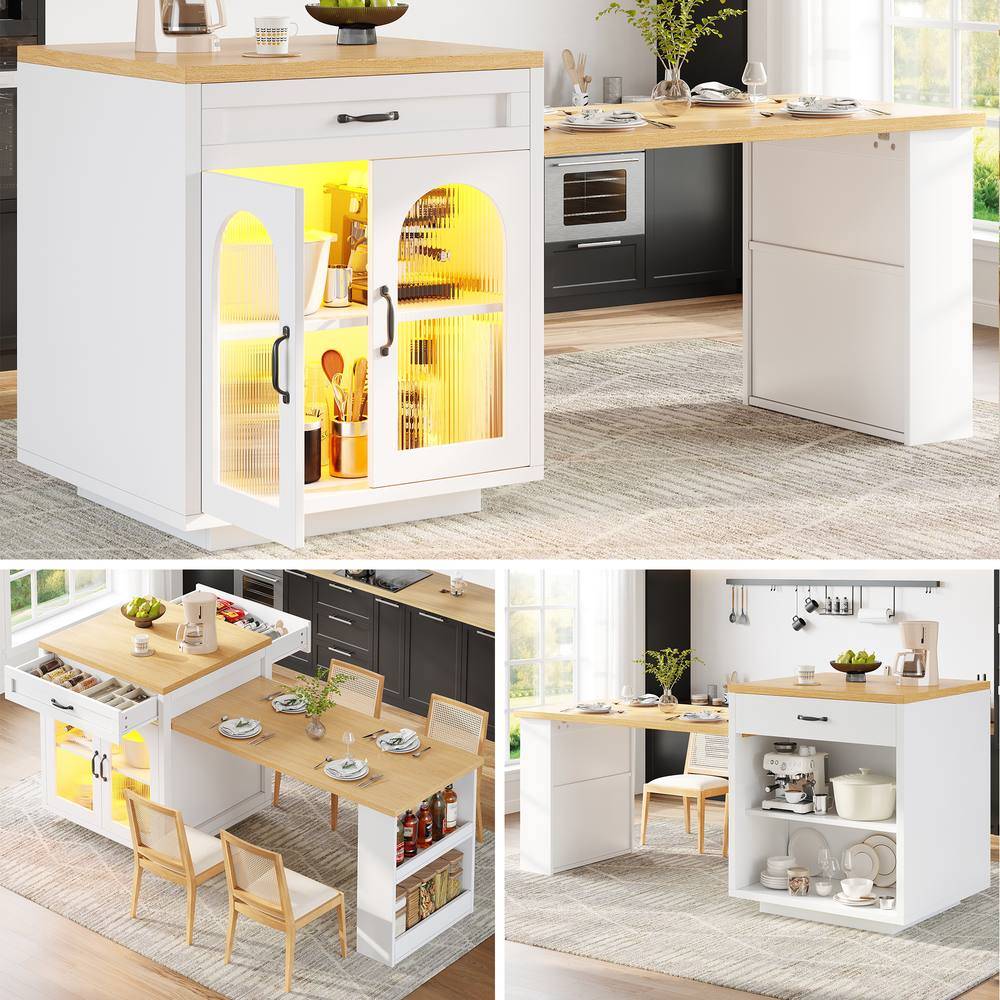 Extendable Kitchen Island With LEDs 2 Drawers - White