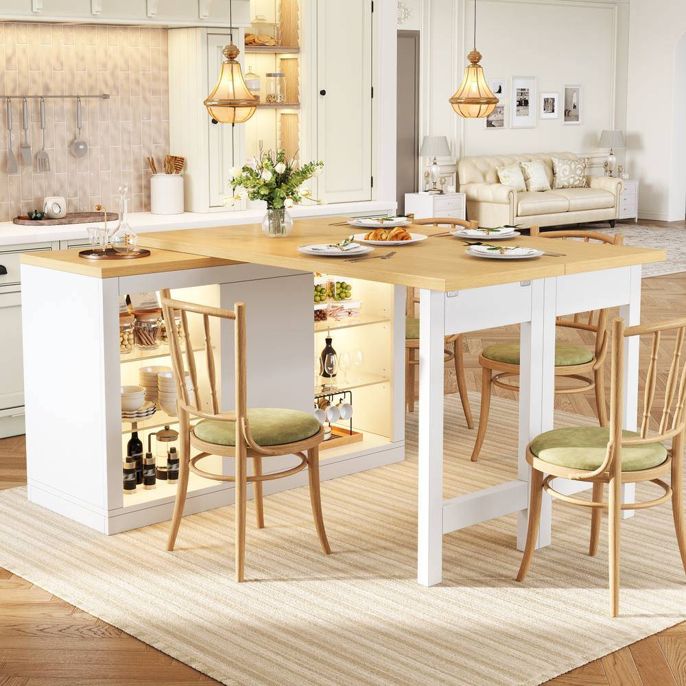 Merax Extendable Kitchen Island with Dining Table LED Lights Storage - White