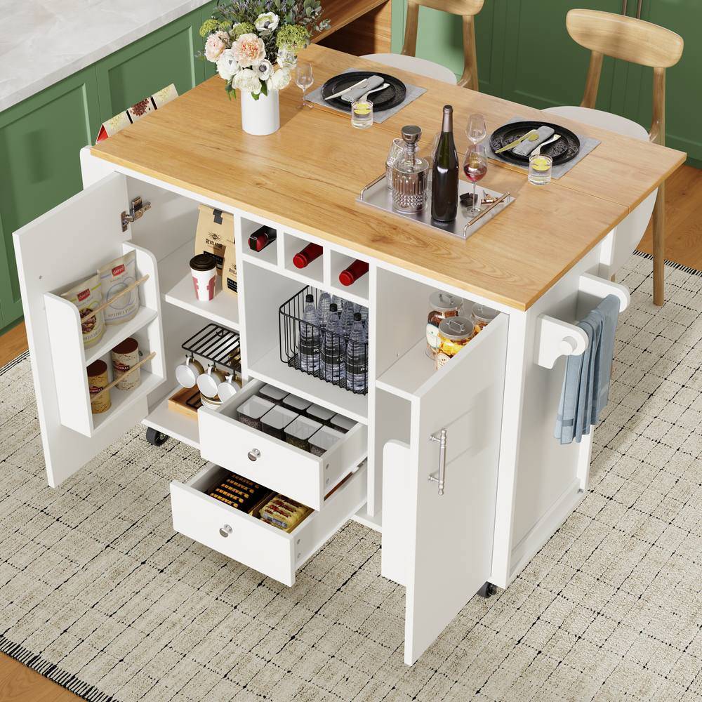 Kitchen Island On Casters Wine Rack - White