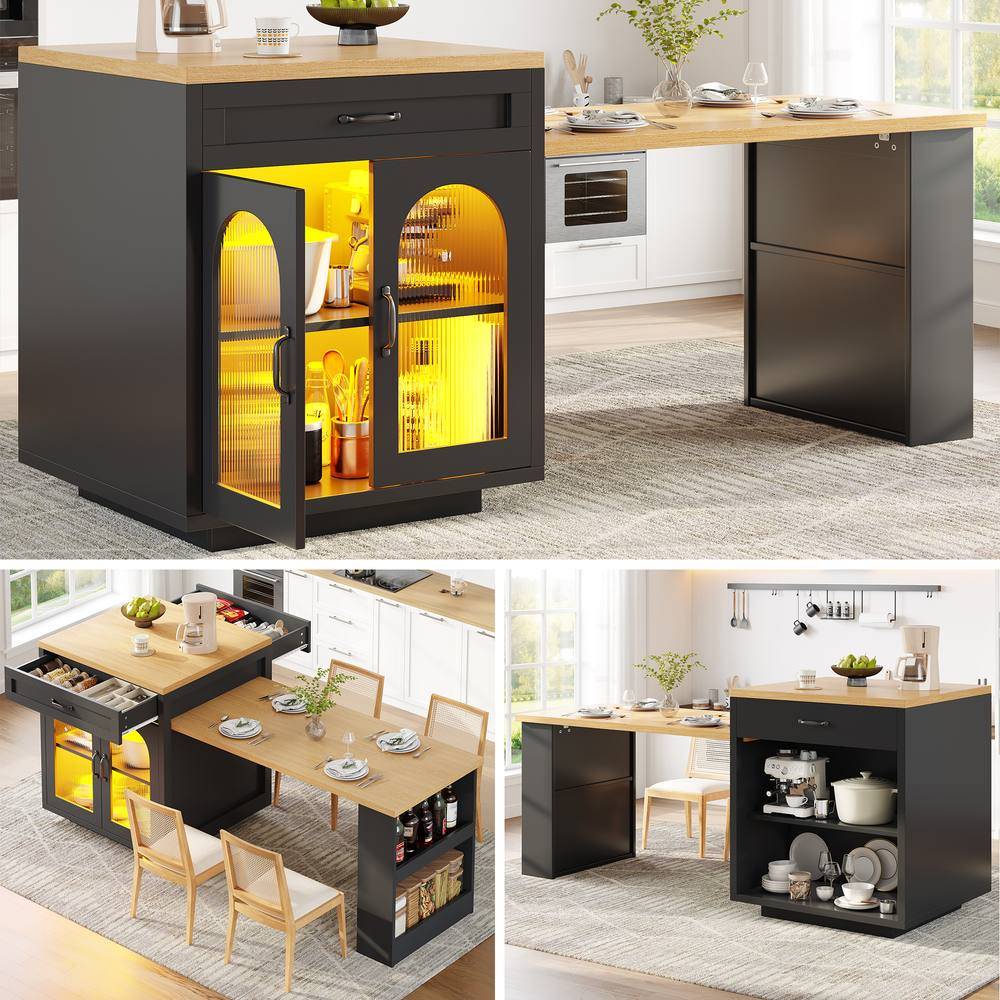 Modern Extendable Kitchen Island with LED Lighting Storage - Black