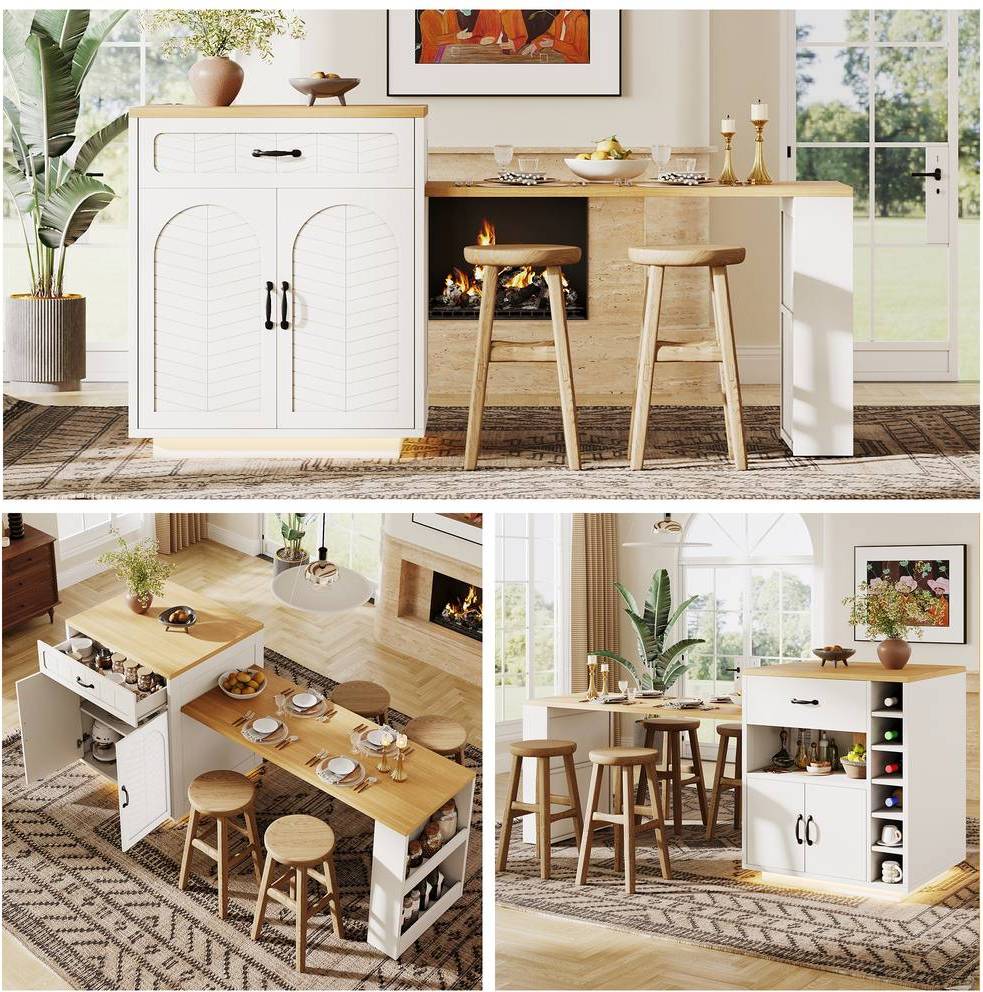 Extendable Kitchen Island with Dining Table LED Storage Cabinet - White