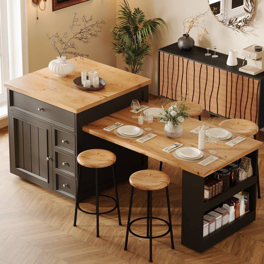 Merax Kitchen Island Table with Mobile Extendable Dining Table - Black