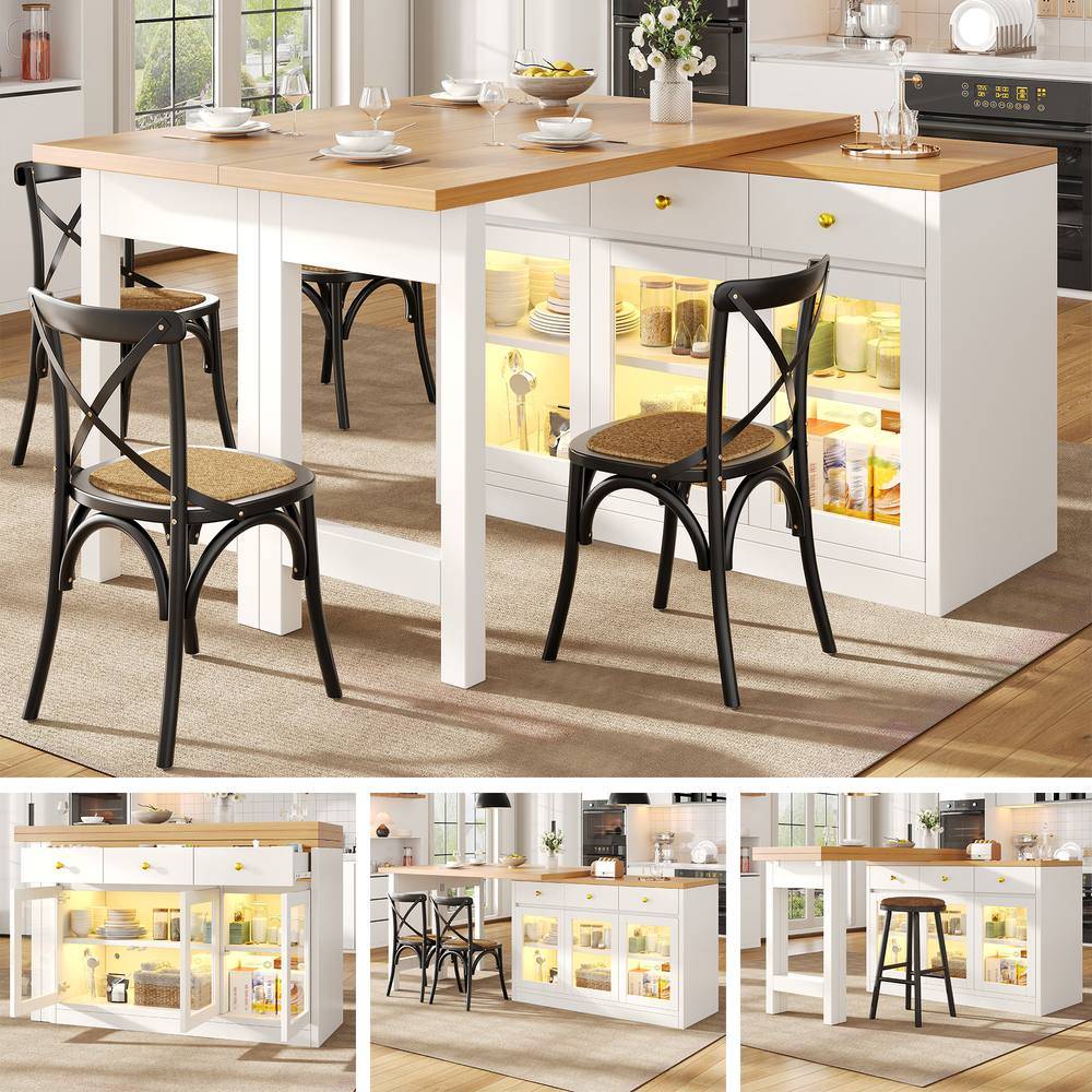 Extendable Kitchen Island with LED Lights Storage - White