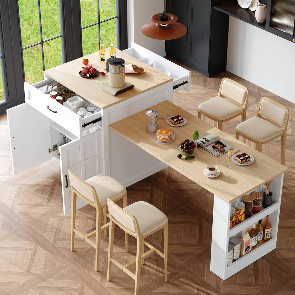 Extendable White Kitchen Island Bar Table With Storage