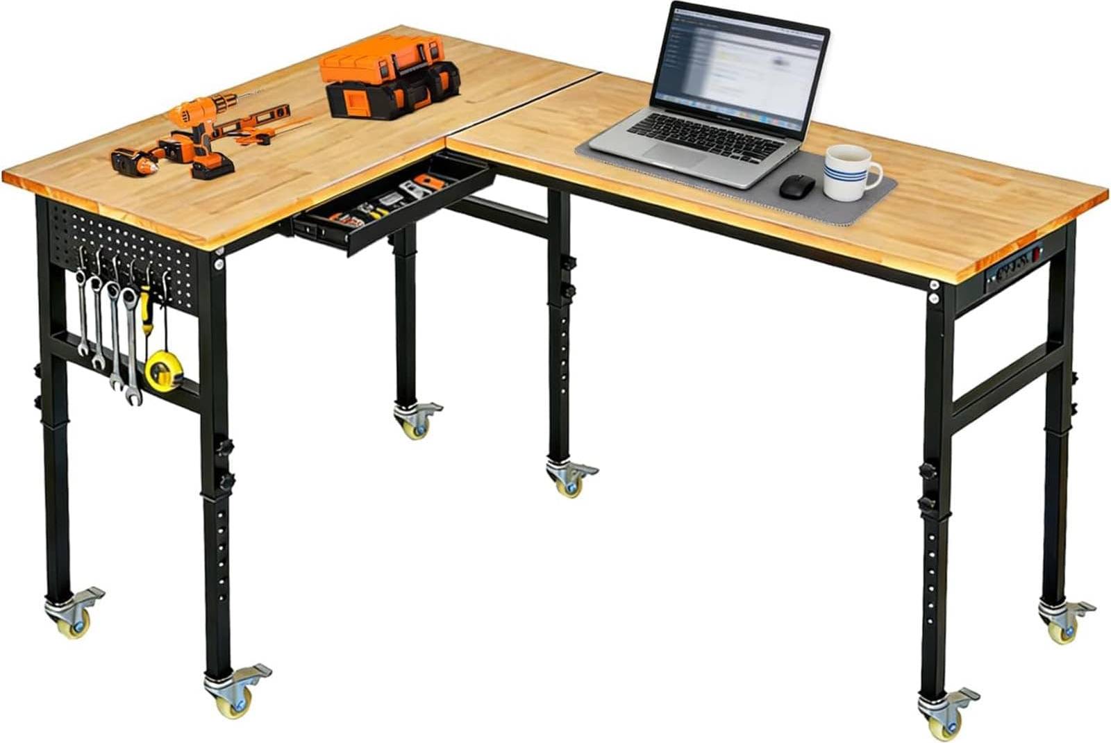Adjustable height work bench Garvee 108 Inch L-Shaped Adjustable Height Workbench