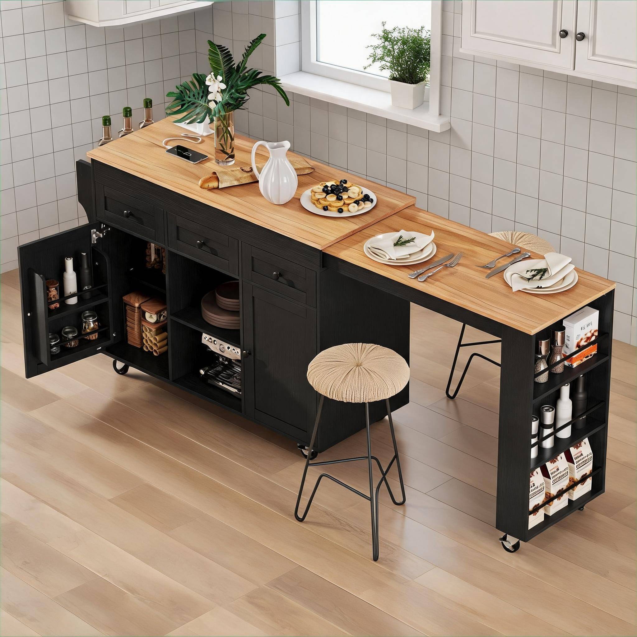 Kitchen island table with storage Watnature Matte Black MDF Storage Kitchen Island Table - Modern Extendable