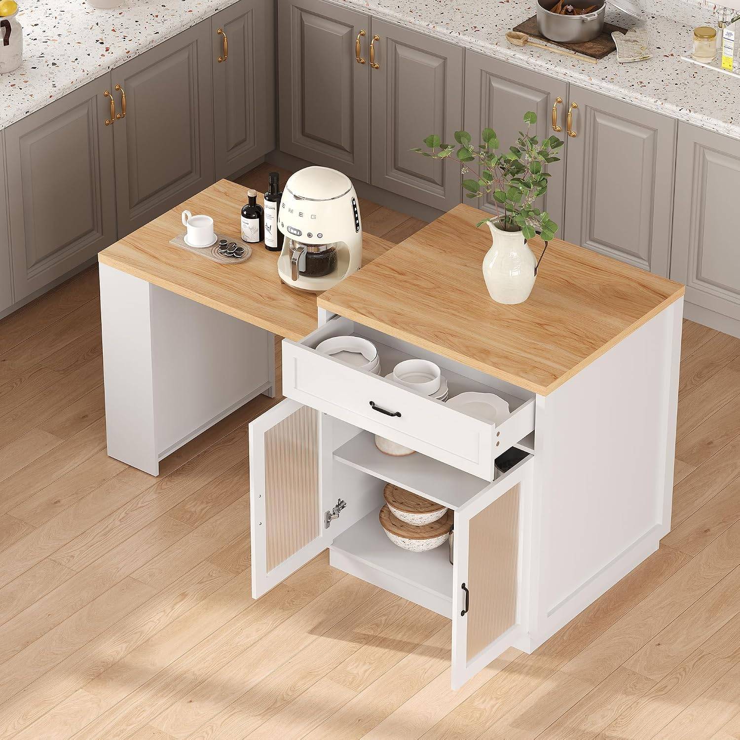 Kitchen cabinets storage units Gaomon Kitchen Island Extendable Dining Table Storage Cabinets Drawers Power Outlet Spice Rack - One Size
