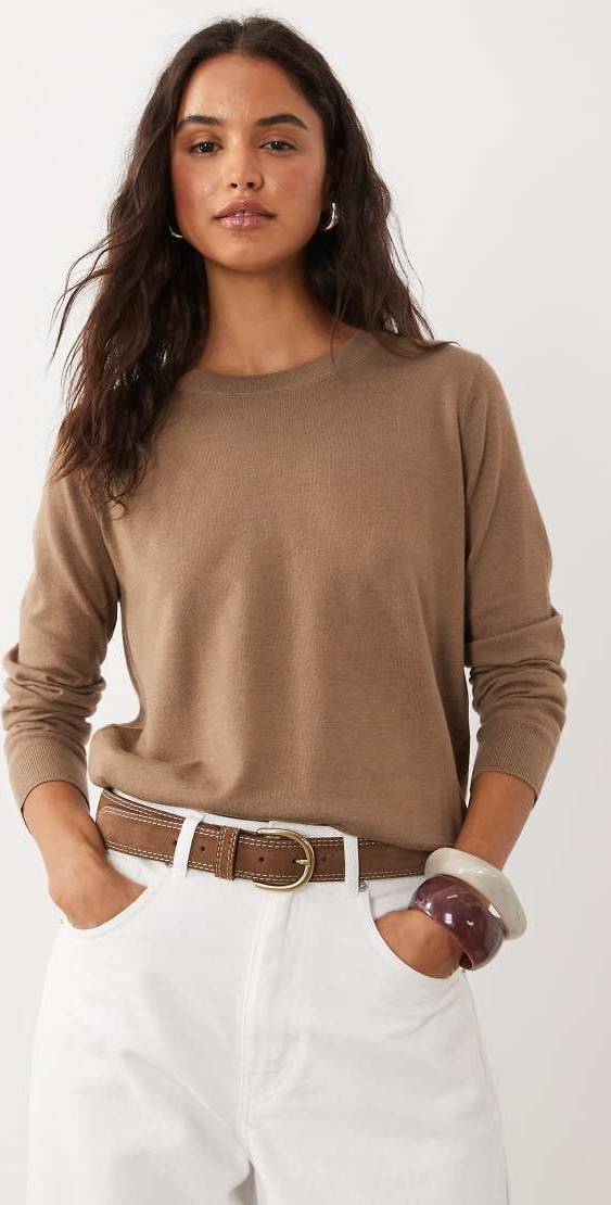 Feinstrickpullover Mit Rundhals Mittelbraun