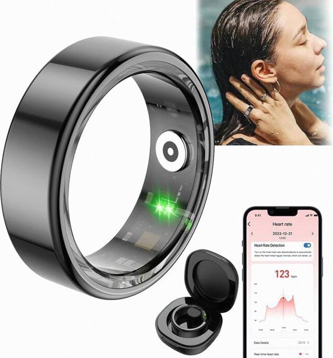 Black Bluetooth Smart Ring with Sleep Tracking, Built-In Heart Rate Monitoring and SpO2 Measurement